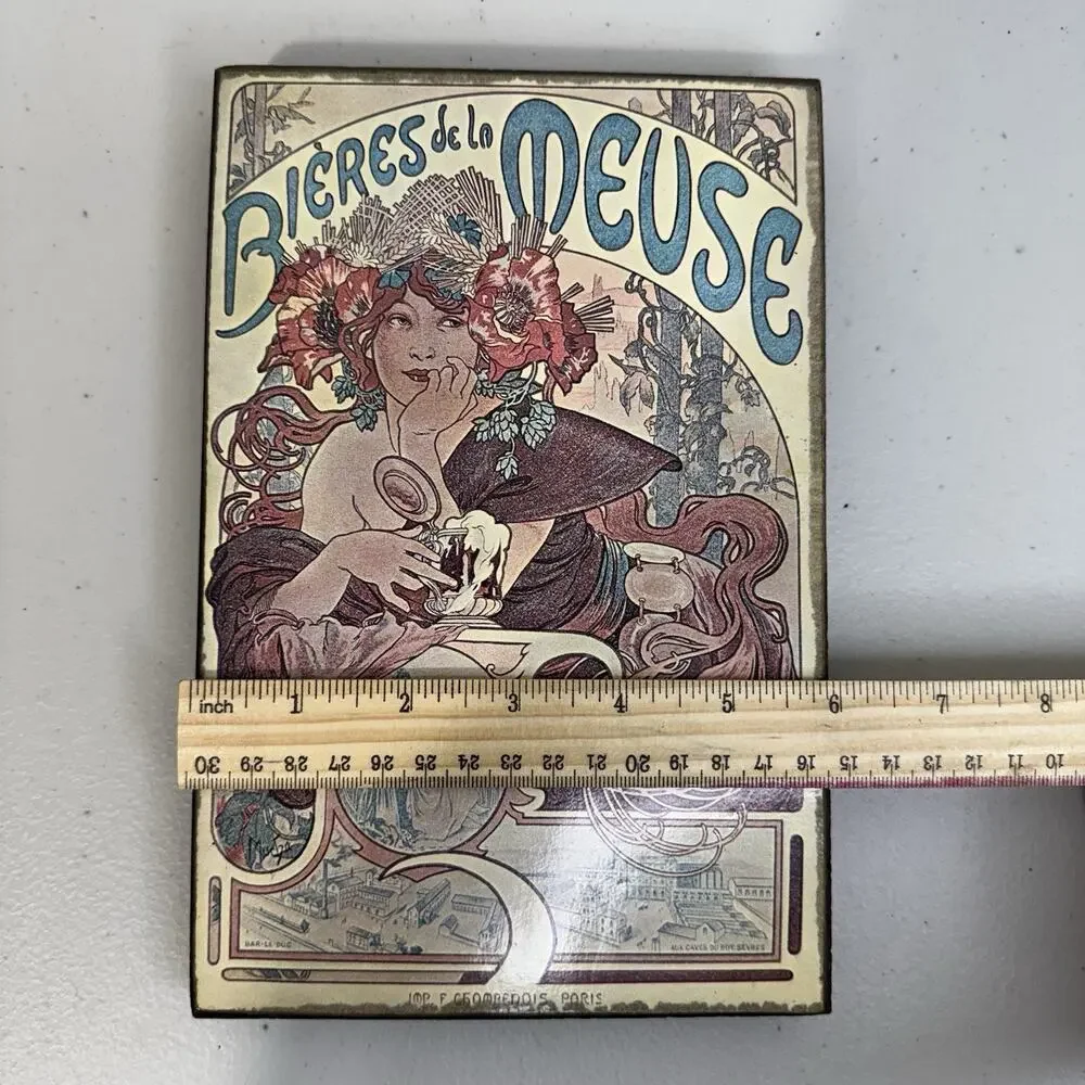 Art Nouveau Paris BIERES de la MEUSE by Alphonse Mucha Hard Pressed Board 9”x 6”